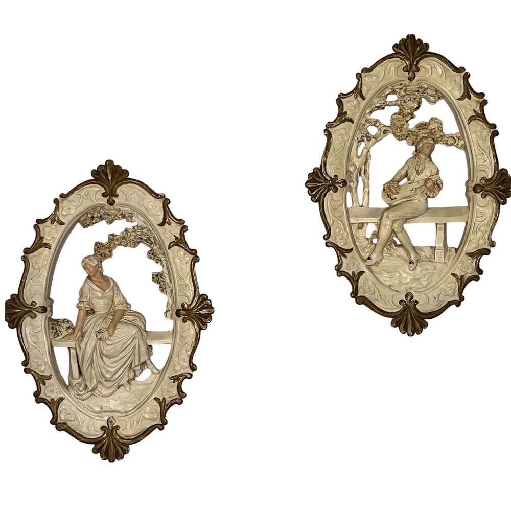 Vintage Chalkware Romantic Victorian Couple 3D Relief Wall Hanging Plaque pair